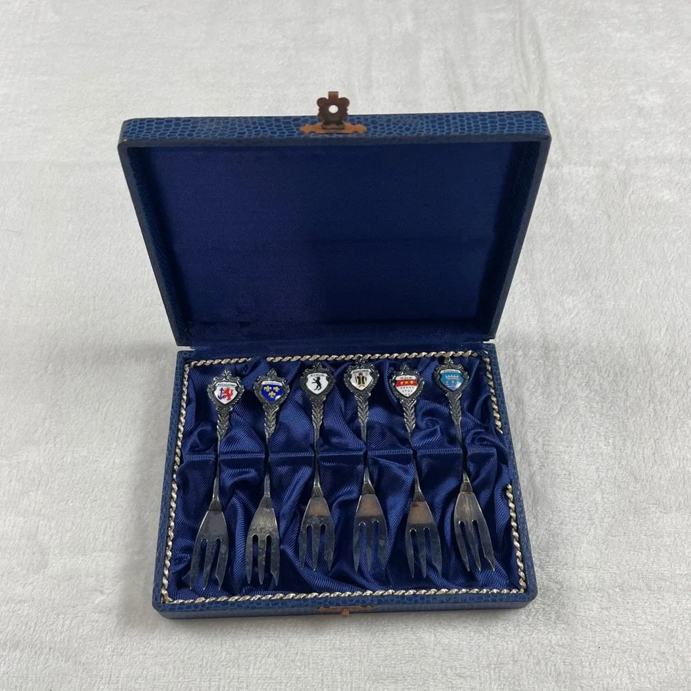 Vintage German Souvenir Cocktail Forks Set of 6 Enameled City Crests with Box